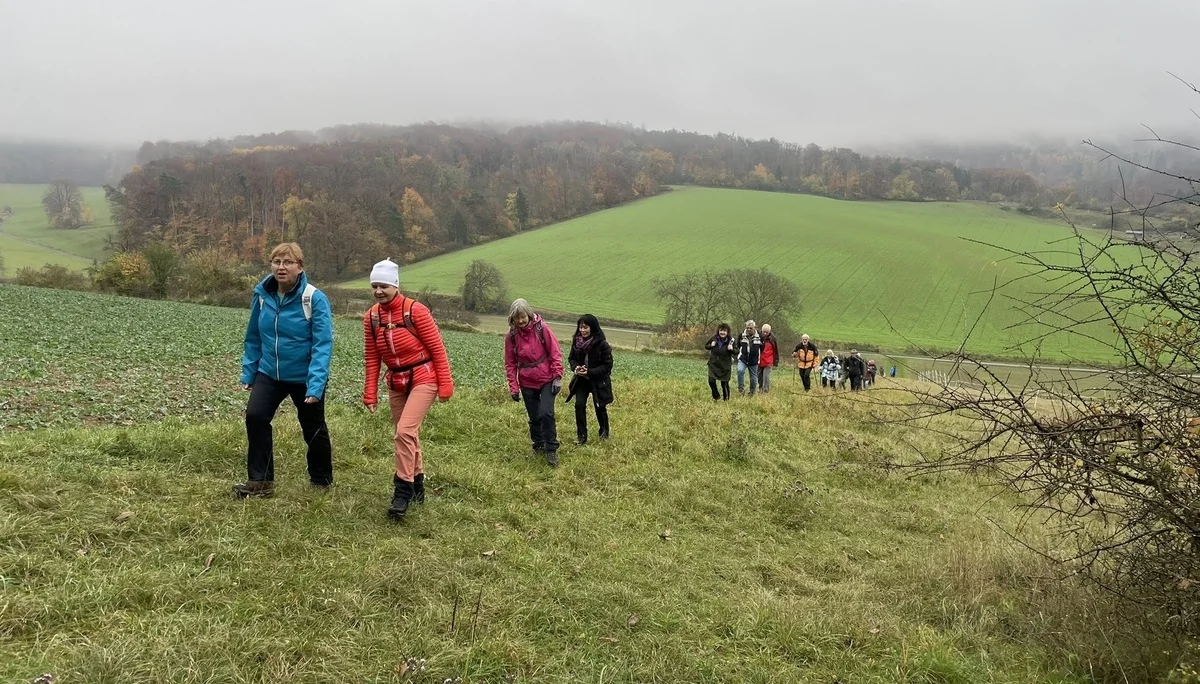 Wandergruppe im Aufstieg mit Nebel über den Hügeln | © DAV Offenbach